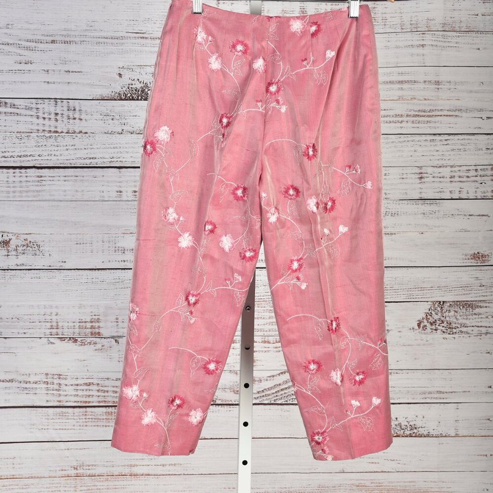 Dana Buchman Pink Floral Embroidered Silk Y2K Trousers